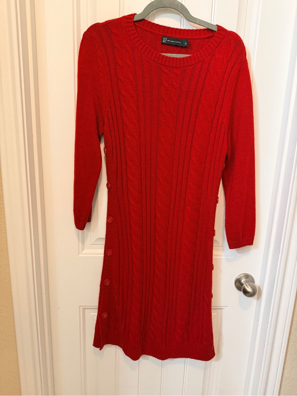 New York & Company Red Cable-Knit Button-Side Sweater Dress